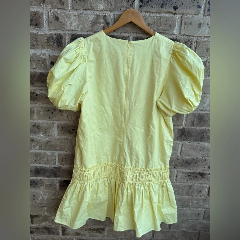 ENGLISH FACTORY
Ruffle Detail Puff Sleeve Poplin Dress  size Large Yellow - Picture 11 of 12